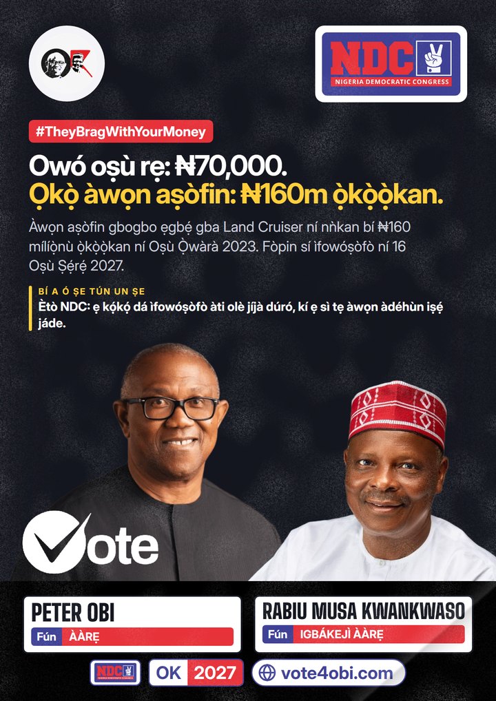 Owó oṣù rẹ: ₦70,000. Ọkọ̀ àwọn aṣòfin: ₦160m ọ̀kọ̀ọ̀kan.