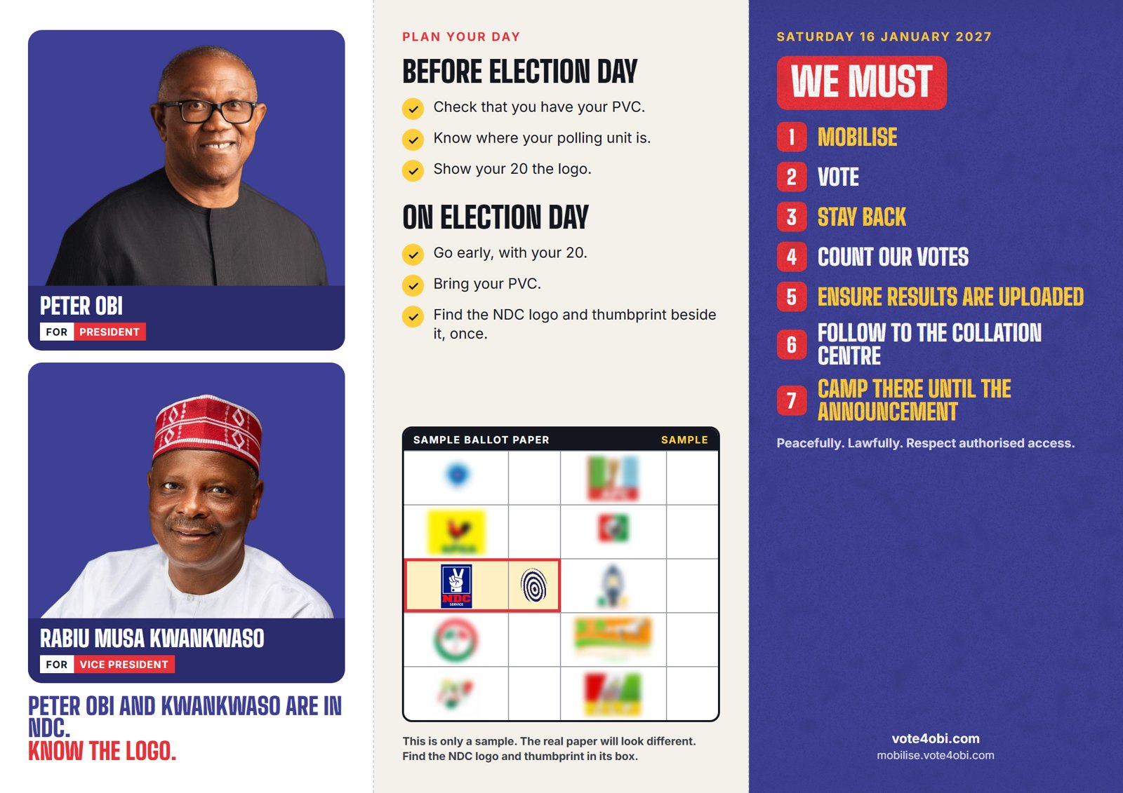 The pamphlet, inside: Peter Obi and Kwankwaso, plan your day, protect the vote