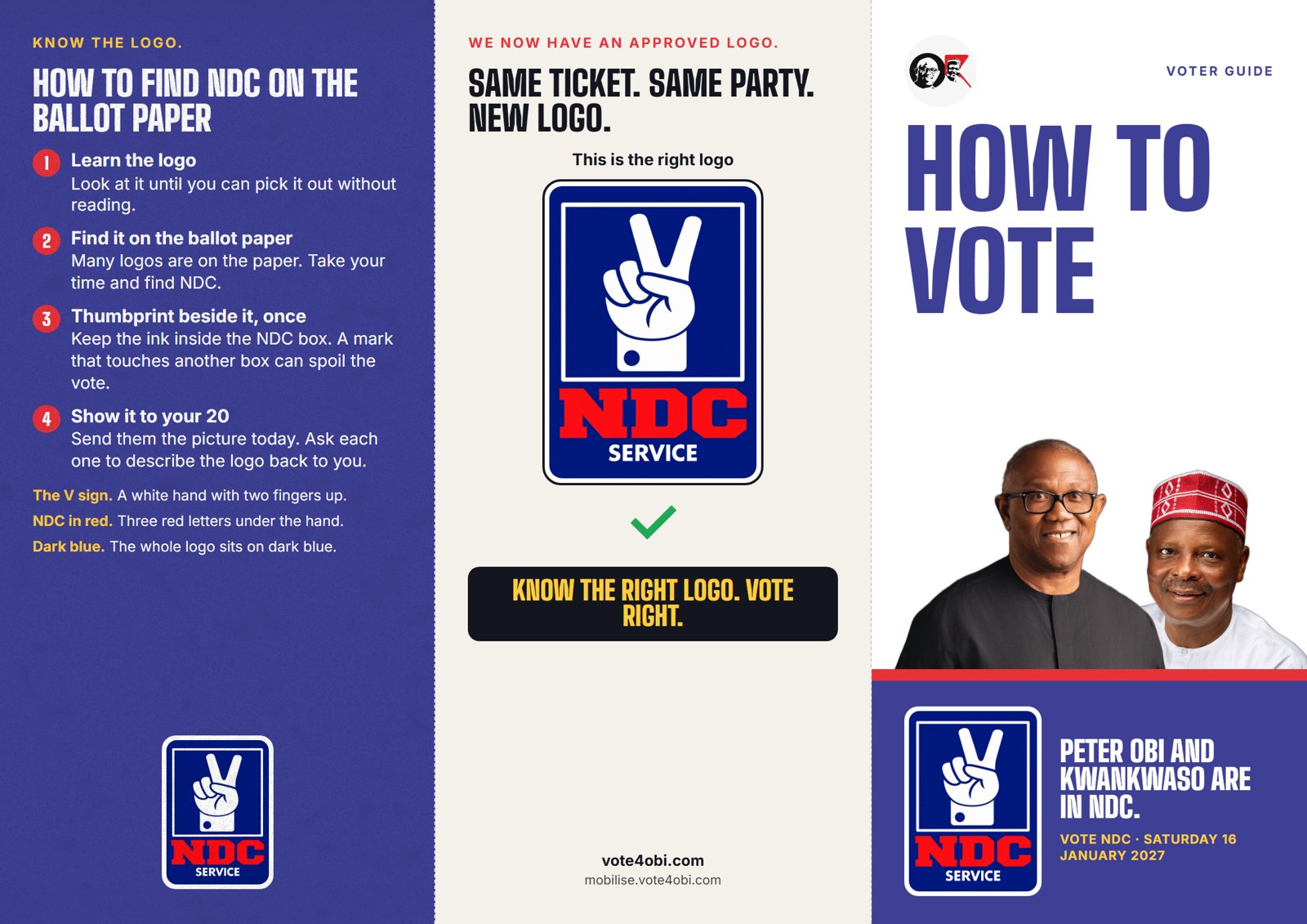 The pamphlet, outside: the cover, the right logo and how to find NDC on the ballot paper