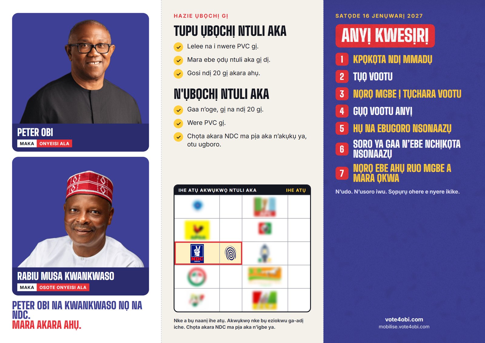 Akwụkwọ nta ahụ, n’ime: Peter Obi na Kwankwaso, hazie ụbọchị gị, chebe vootu