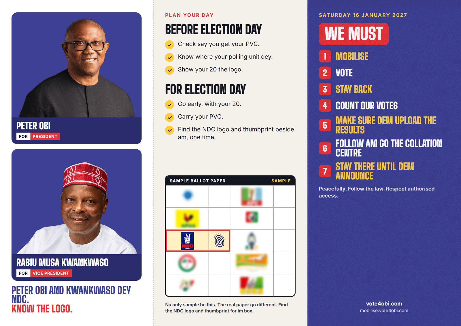 The pamphlet, inside: Peter Obi and Kwankwaso, plan your day, protect the vote