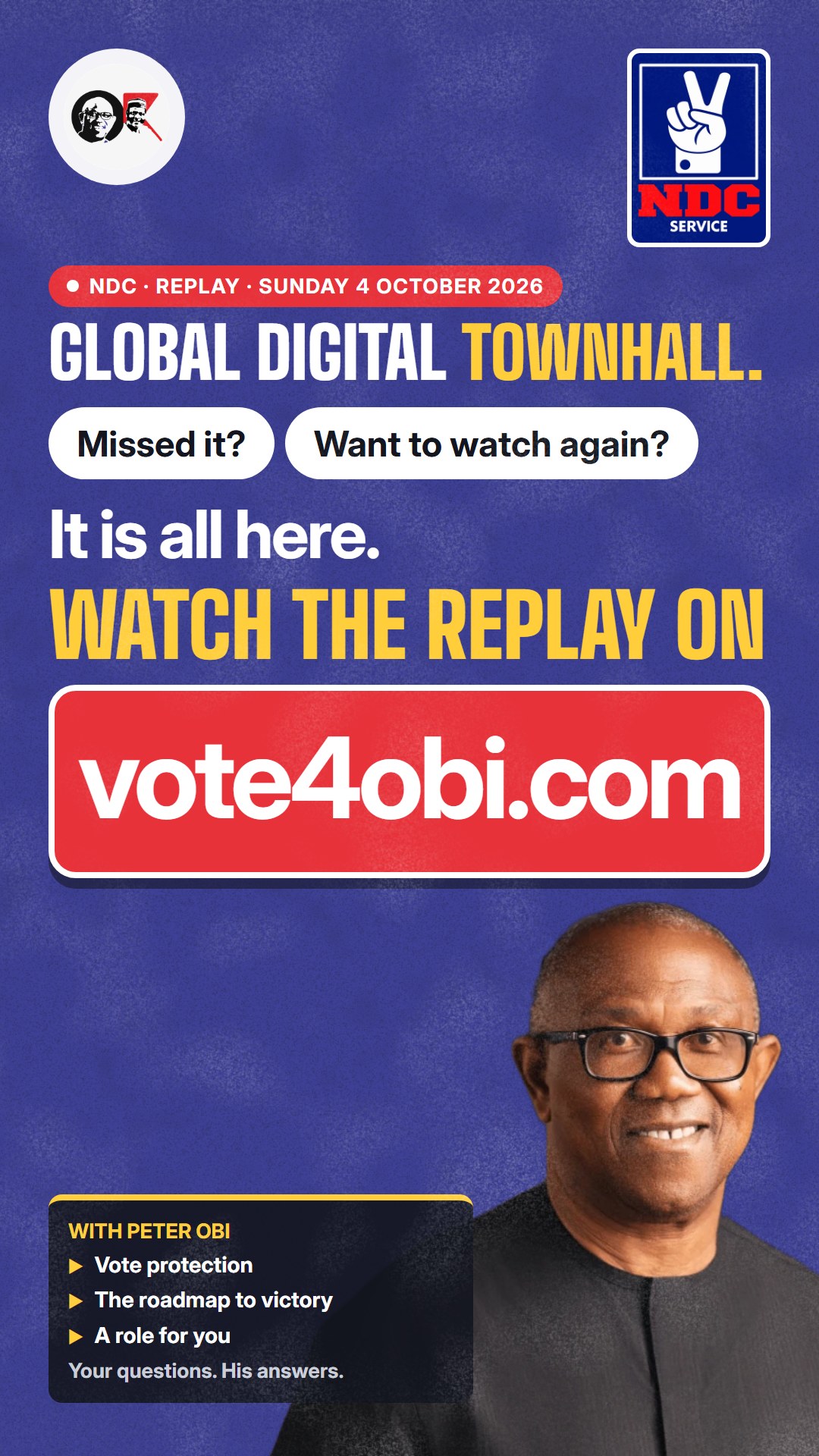 Flyer for WhatsApp status: watch the townhall replay on vote4obi.com
